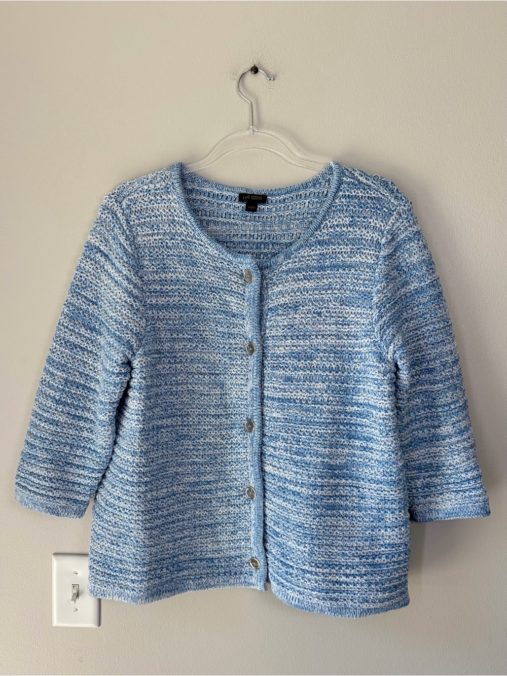 J. Jill Wearever Collection Blue Textured Knit Crop Sleeve Cardigan Sweater